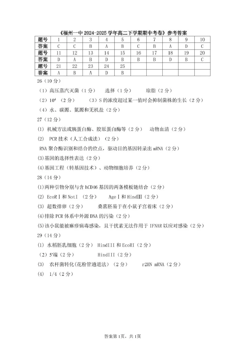 福建省福州市鼓楼区福建省福州第一中学2024-2025学年高二下学期期中考试生物试卷（扫描版有答案）_2024-2025高二（7-7月题库）_2025年05月试卷