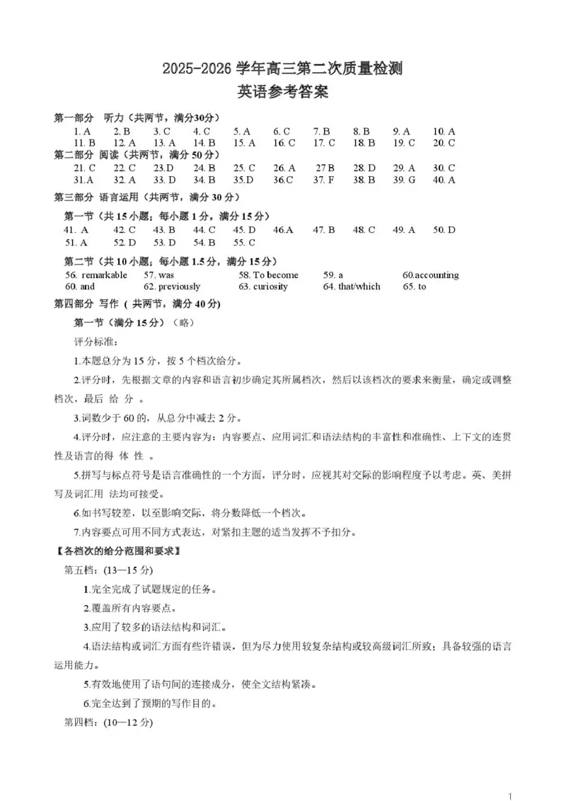 豫西北教研联盟（平许济洛）高三上学期1月质量检测英语答案_2024-2026高三（6-6月题库）_2026年01月高三试卷_0110河南省豫西北教研联盟（平许济洛）高三上学期1月质量检测（全）