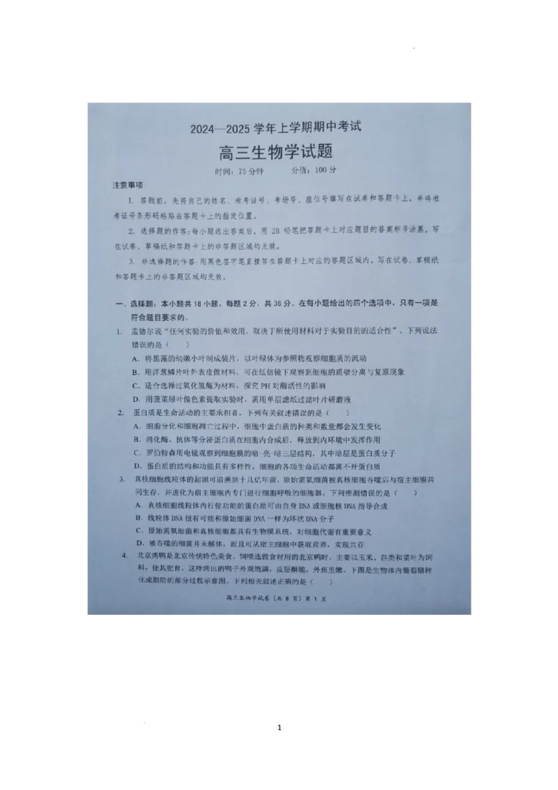 湖北省新高考协作体2024-2025学年高三上学期11月期中生物试题_2024-2025高三（6-6月题库）_2024年11月试卷_1114湖北省新高考协作体2024-2025学年高三上学期11月期中考（全科）