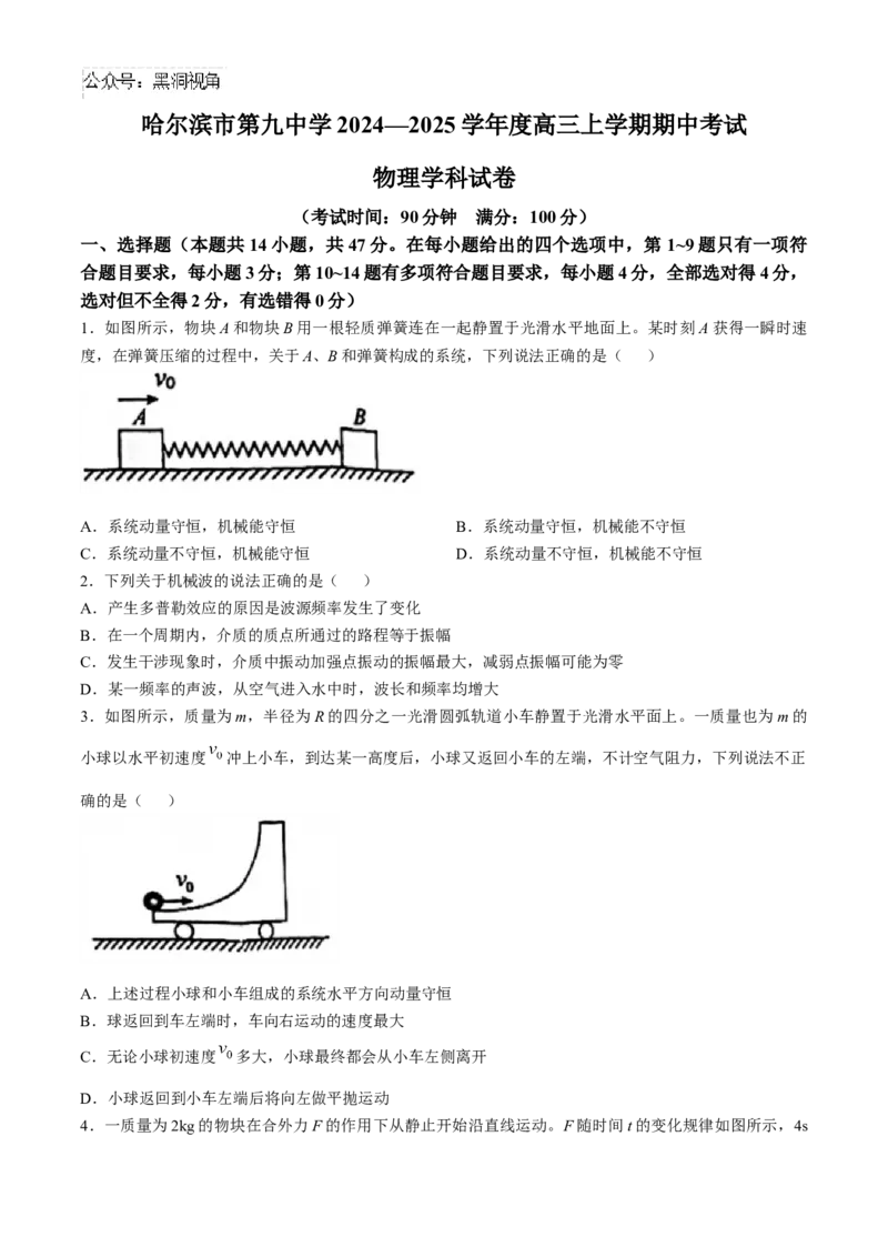 黑龙江省哈尔滨市第九中学2024-2025学年高三上学期期中考试物理Word版含答案（答案不全）_2024-2025高三（6-6月题库）_2024年11月试卷