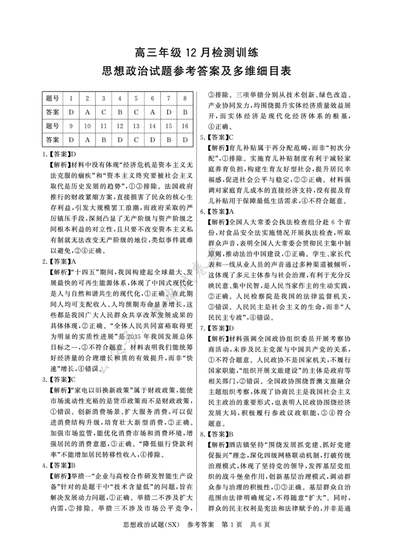 T8政治答案_2024-2026高三（6-6月题库）_2025年12月高三试卷_2512252026届高三第一次八省联考（T8联考）（全科）_251225山西省2026届高三第一次八省联考（T8联考）（全科）