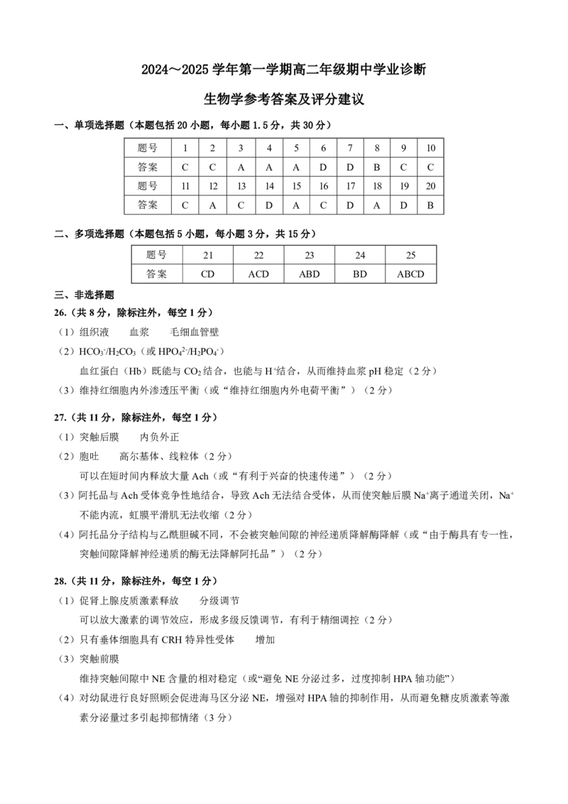 生物答案_2024-2025高二（7-7月题库）_2024年11月试卷_1120山西省太原市2024-2025学年高二上学期11月期中考试_山西省太原市2024-2025学年高二上学期11月期中考试生物试题（含答案