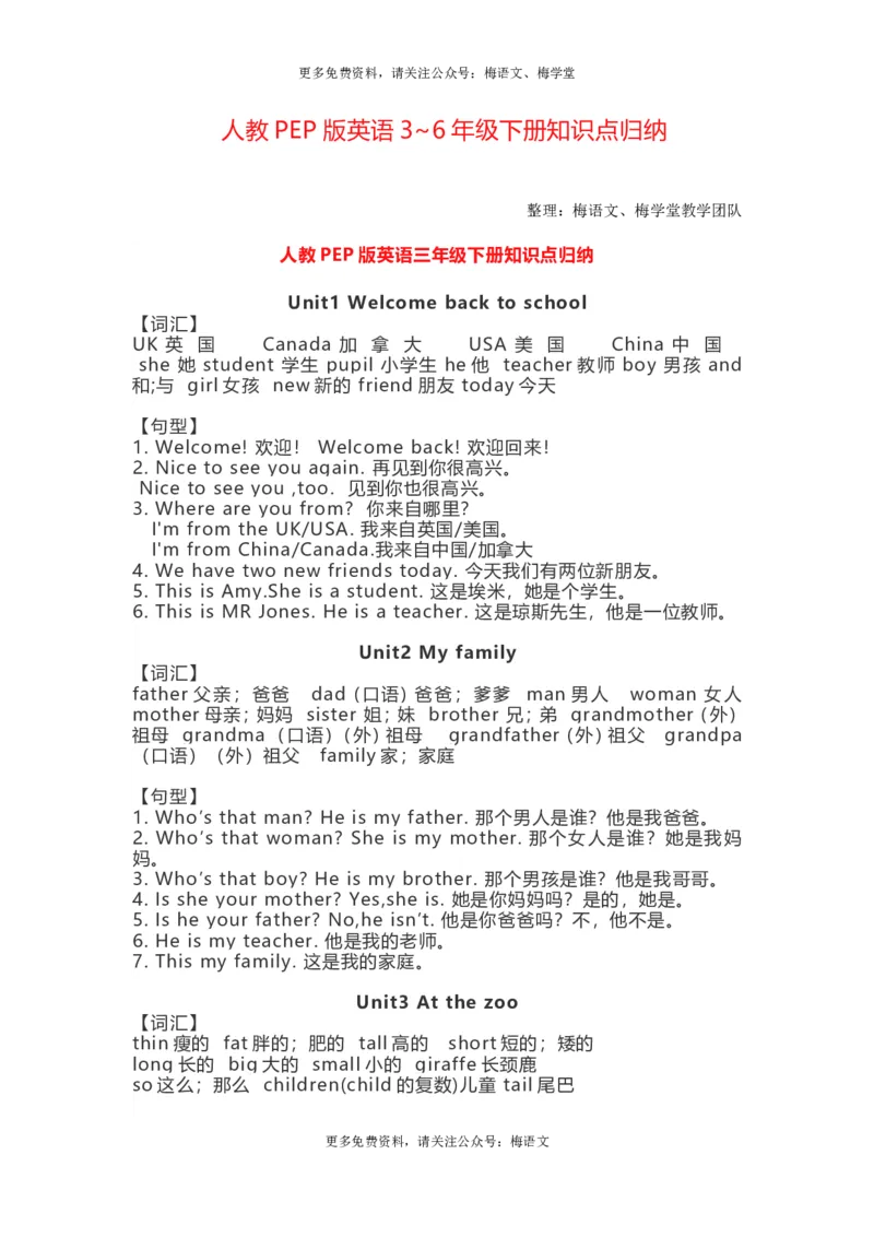 人教PEP版英语3~6年级下册知识点归纳（选3456英语）_小学1-6年级全部试卷_英语_三年级_3-8-6、小学三年级英语下册_3-8-6-1、复习、知识点、归纳汇总_人教PEP版