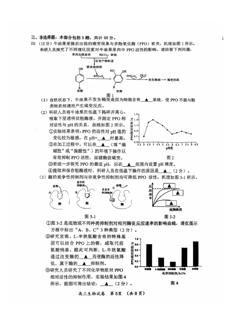 生物试题_2024-2025高三（6-6月题库）_2024年11月试卷_1109江苏省常州市2024-2025学年高三上学期期中考试_江苏省常州市2024-2025学年高三上学期期中考试生物