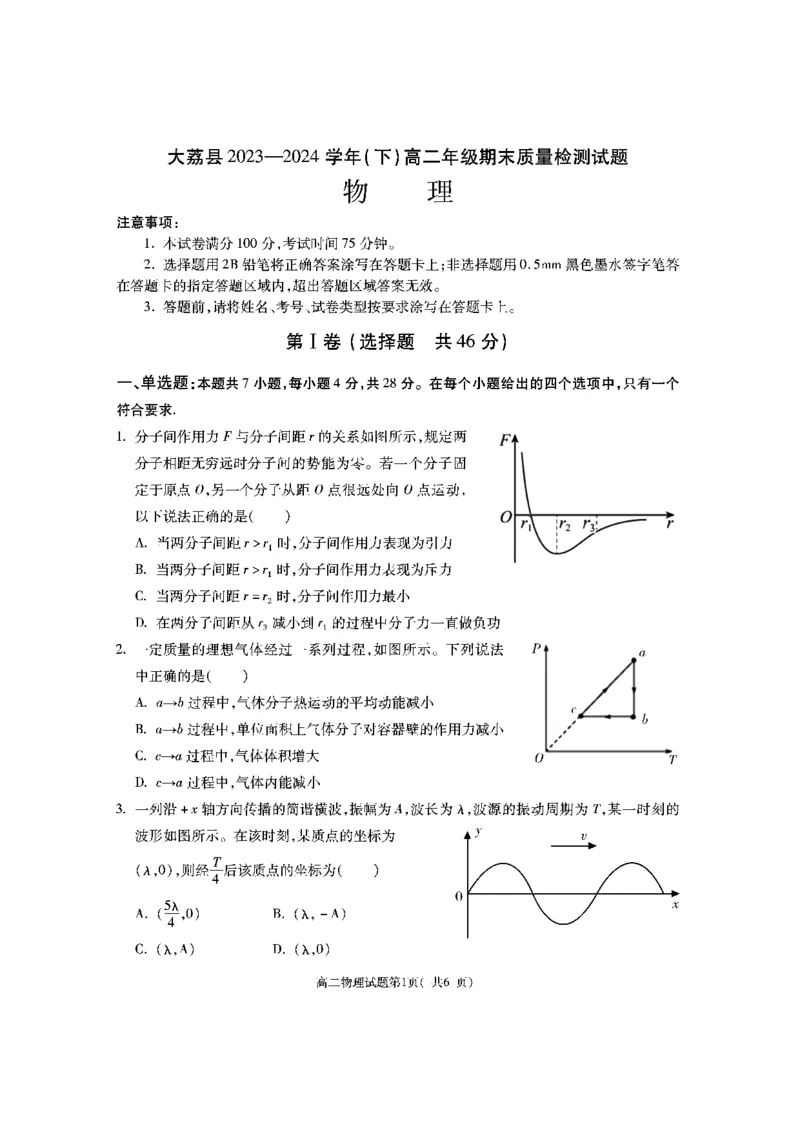 陕西省渭南市大荔县2023-2024学年高二下学期期末质量检测+物理_2024-2025高二（7-7月题库）_2024年07月试卷_0724陕西省渭南市大荔县2023-2024学年高二下学期期末质量检测
