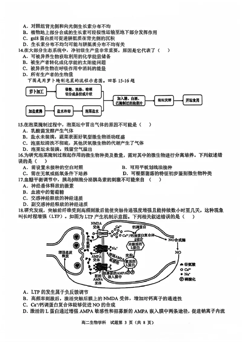 精诚联盟高二年级生物学科试题_2024-2025高二（7-7月题库）_2025年03月试卷_0316浙江省精诚联盟2024-2025学年高二下学期3月联考
