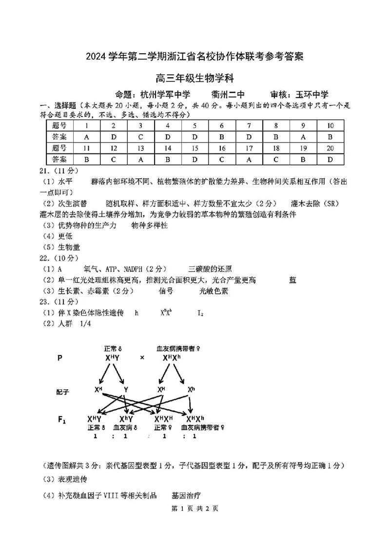 生物答案_2024-2025高三（6-6月题库）_2025年02月试卷_02152025年2月浙江G12名校协作体高三返校考（全科）_浙江省名校协作体2024-2025学年高三下学期联考生物