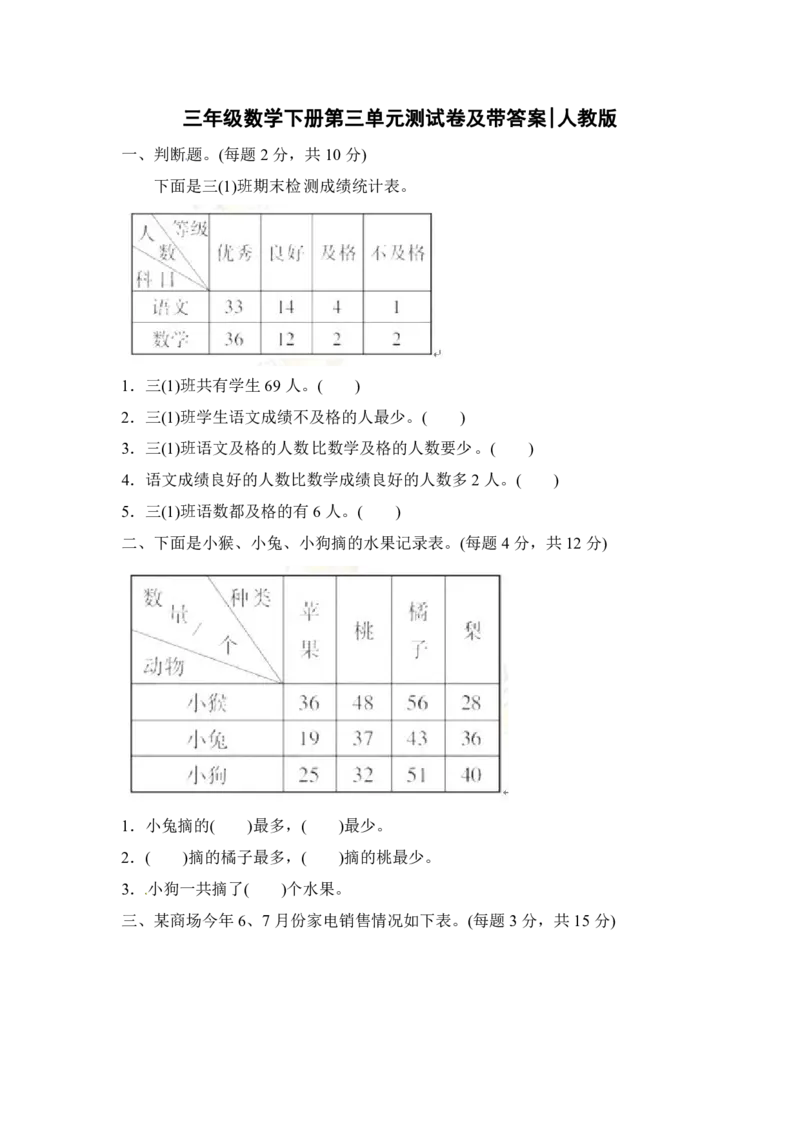 人教版三年级数学下册第三单元测试题及答案1_小学1-6年级全部试卷_数学_三年级_3-8-4、小学三年级数学下册_3-8-4-2、练习题、作业、试题、试卷_人教版_单元测试卷