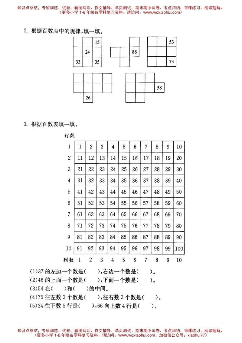 一年级下册数学试题第六单元百数表沪教版PDF版无答案_小学1-6年级全部试卷_数学_一年级_3-6-4、小学一年级数学下册_3-6-4-2、练习题、作业、试题、试卷_沪教版
