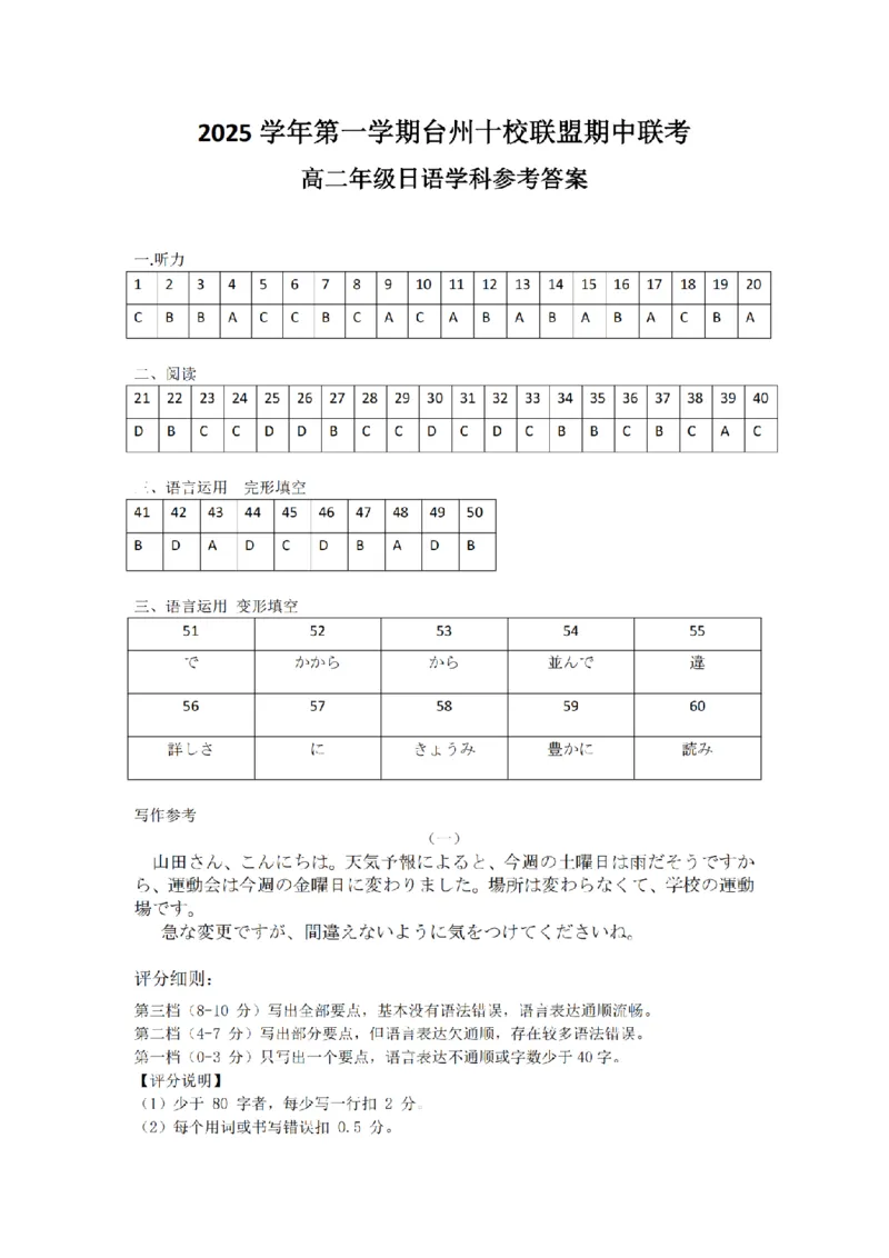 浙江省台州市十校联盟2025-2026学年高二上学期期中联考日语试卷（图片版，含音频）_2025年11月高二试卷_251109浙江省台州十校联盟2025-2026学年高二上学期11月期中联考