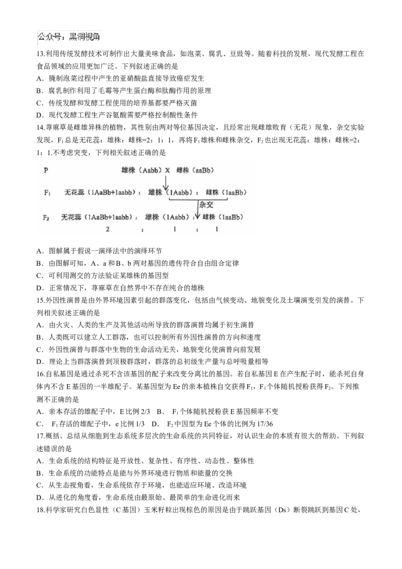 湖北省武汉市江岸区2024-2025学年高三上学期11月调考生物试卷（有答案）_2024-2025高三（6-6月题库）_2024年11月试卷_1118湖北省武汉市江岸区2024-2025学年高三上学期11月调研考试（全科）