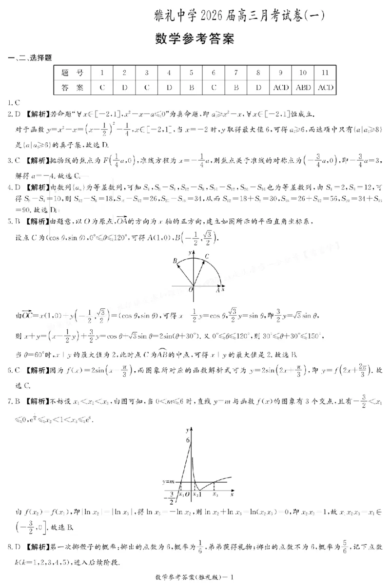 湖南省长沙市雅礼中学2025-2026学年高三上学期月考（一）数学试题答案（雅礼1次）_2024-2026高三（6-6月题库）_2025年08月试卷_250819湖南省长沙市雅礼中学2025-2026学年高三上学期月考（一）