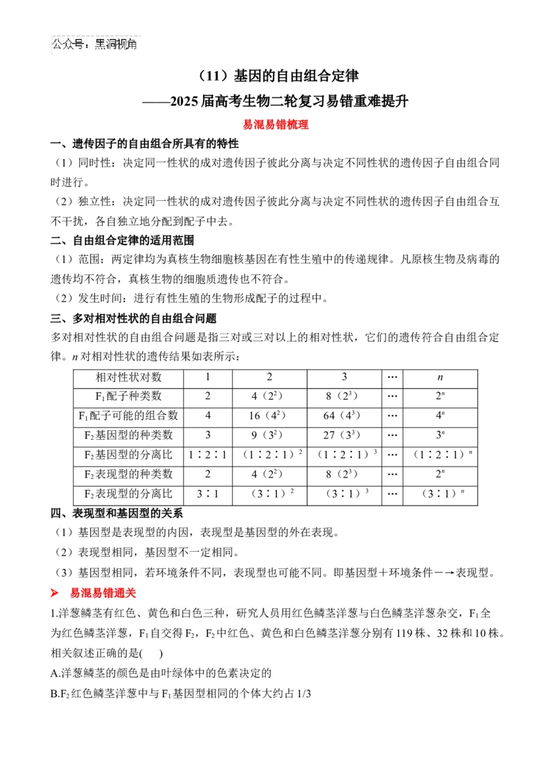 （11）基因的自由组合定律&mdash;&mdash;2025届高考生物二轮复习易错重难提升（含解析）_2024-2025高三（6-6月题库）_2025年02月试卷_02162025届高考生物二轮复习易错重难提升（含解析）