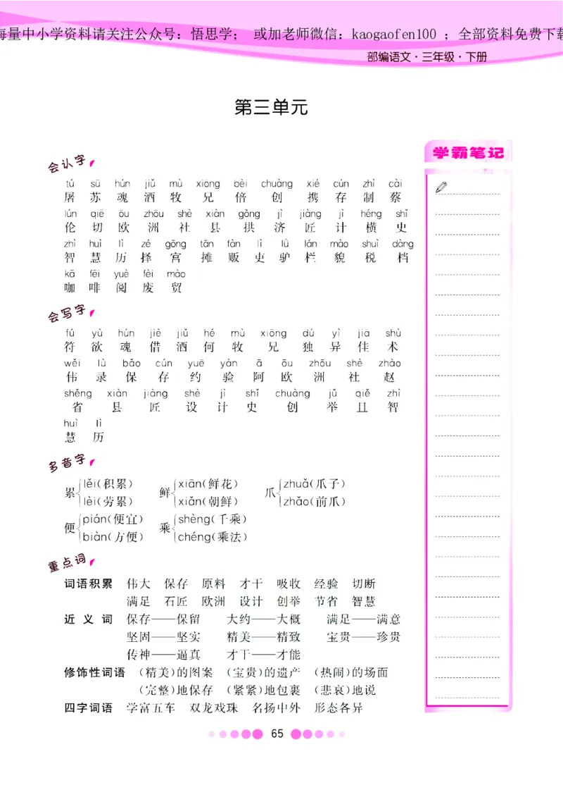三年级下册-语文核心课堂知识清单_小学1-6年级全部试卷_语文_三年级_3-8-2、小学三年级语文下册_3-8-2-1、学习资料、复习、知识点、归纳汇总_通用