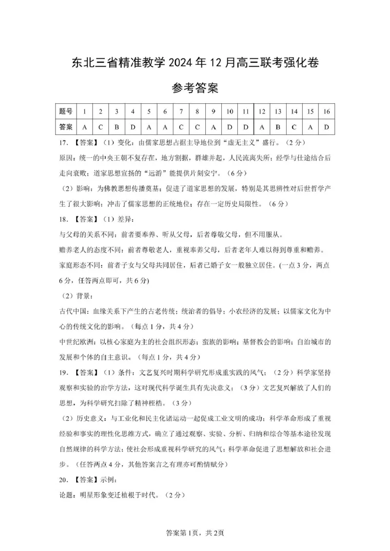 简版答案东北三省2024年12月高三联考强化卷历史_2024-2025高三（6-6月题库）_2024年12月试卷_1206东北三省精准教学2024-2025学年高三上学期12月联考强化卷