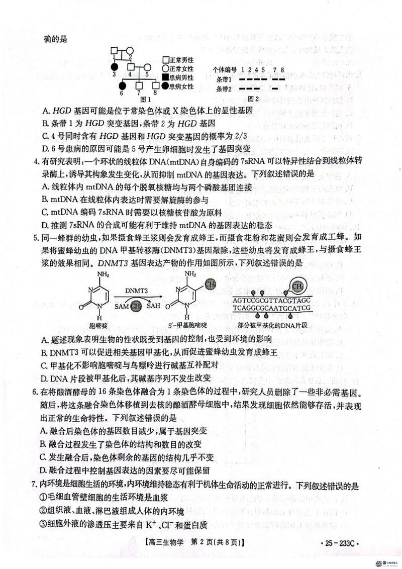 生物_2024-2025高三（6-6月题库）_2024年12月试卷_1219河北省金太阳质检联盟2024-2025学年高三上学期第三次月考12月_生物