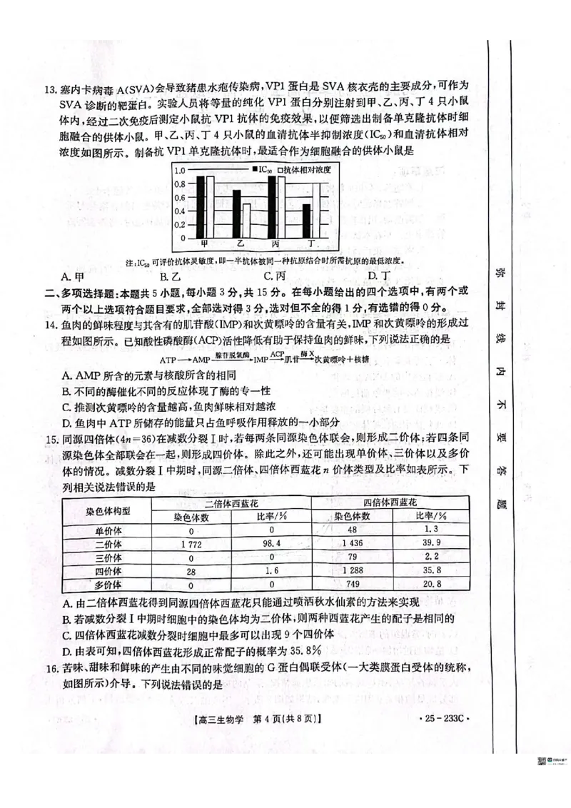 生物_2024-2025高三（6-6月题库）_2024年12月试卷_1219河北省金太阳质检联盟2024-2025学年高三上学期第三次月考12月_生物