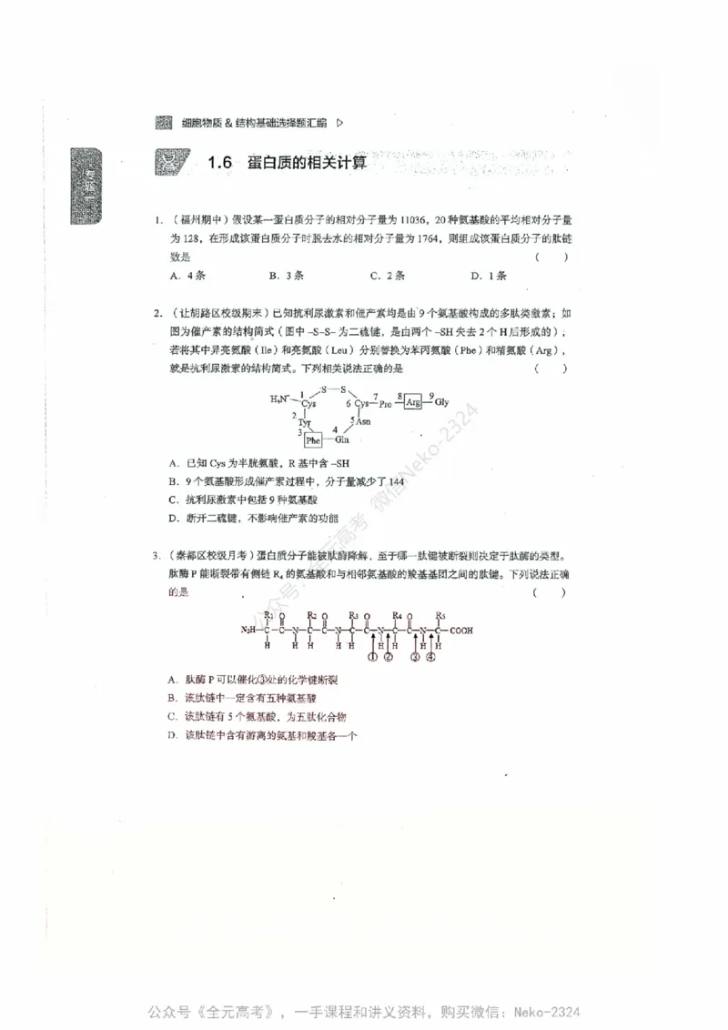 细胞物质&结构基础选择题汇编@_2024-2025高三（6-6月题库）_2024年09月试卷_万猛