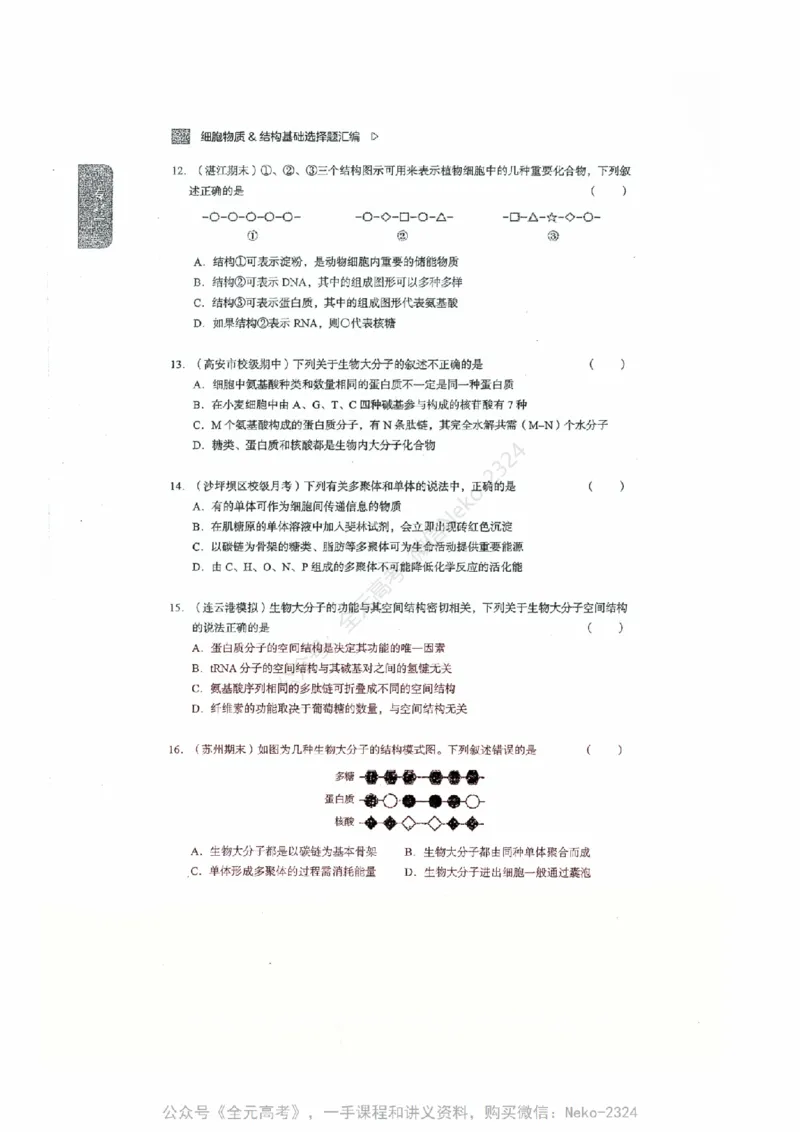 细胞物质&结构基础选择题汇编@_2024-2025高三（6-6月题库）_2024年09月试卷_万猛