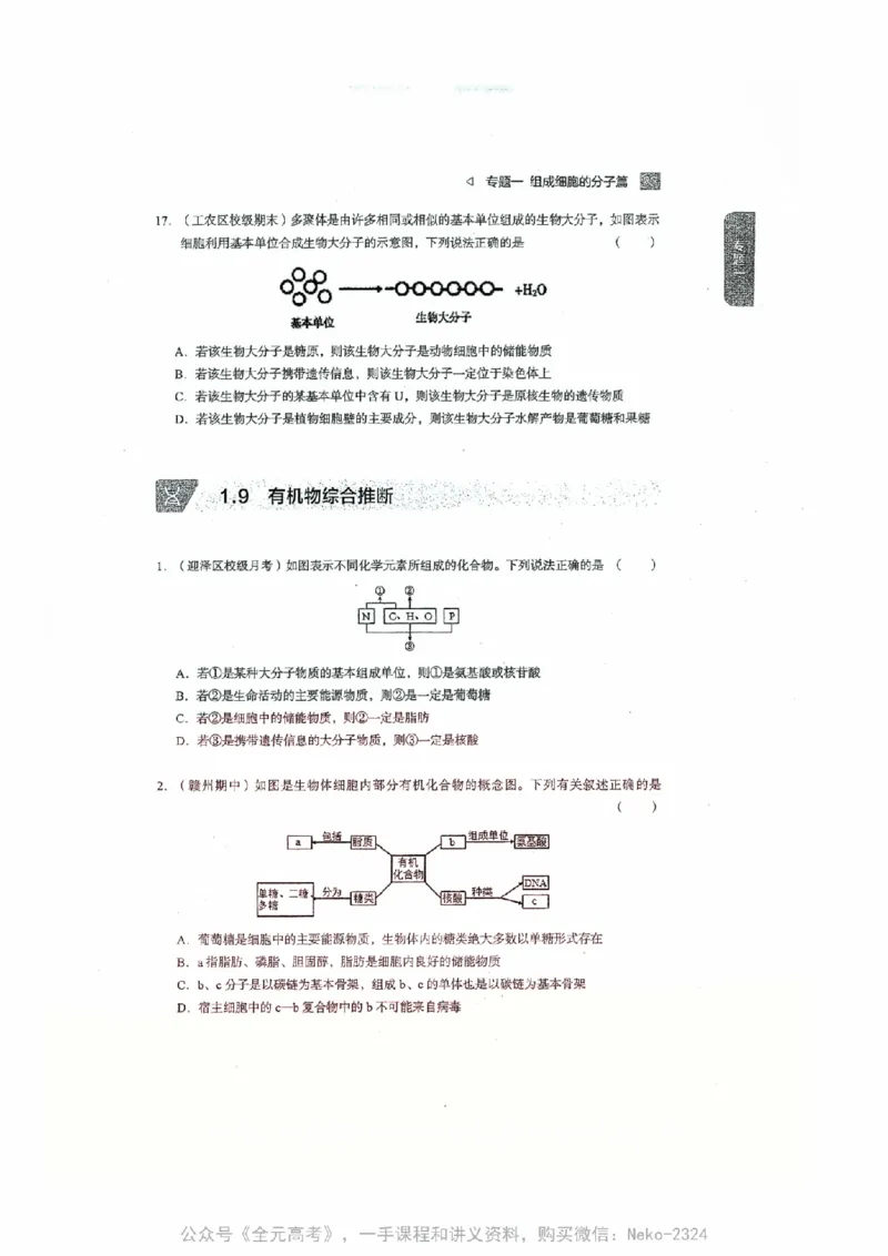 细胞物质&结构基础选择题汇编@_2024-2025高三（6-6月题库）_2024年09月试卷_万猛