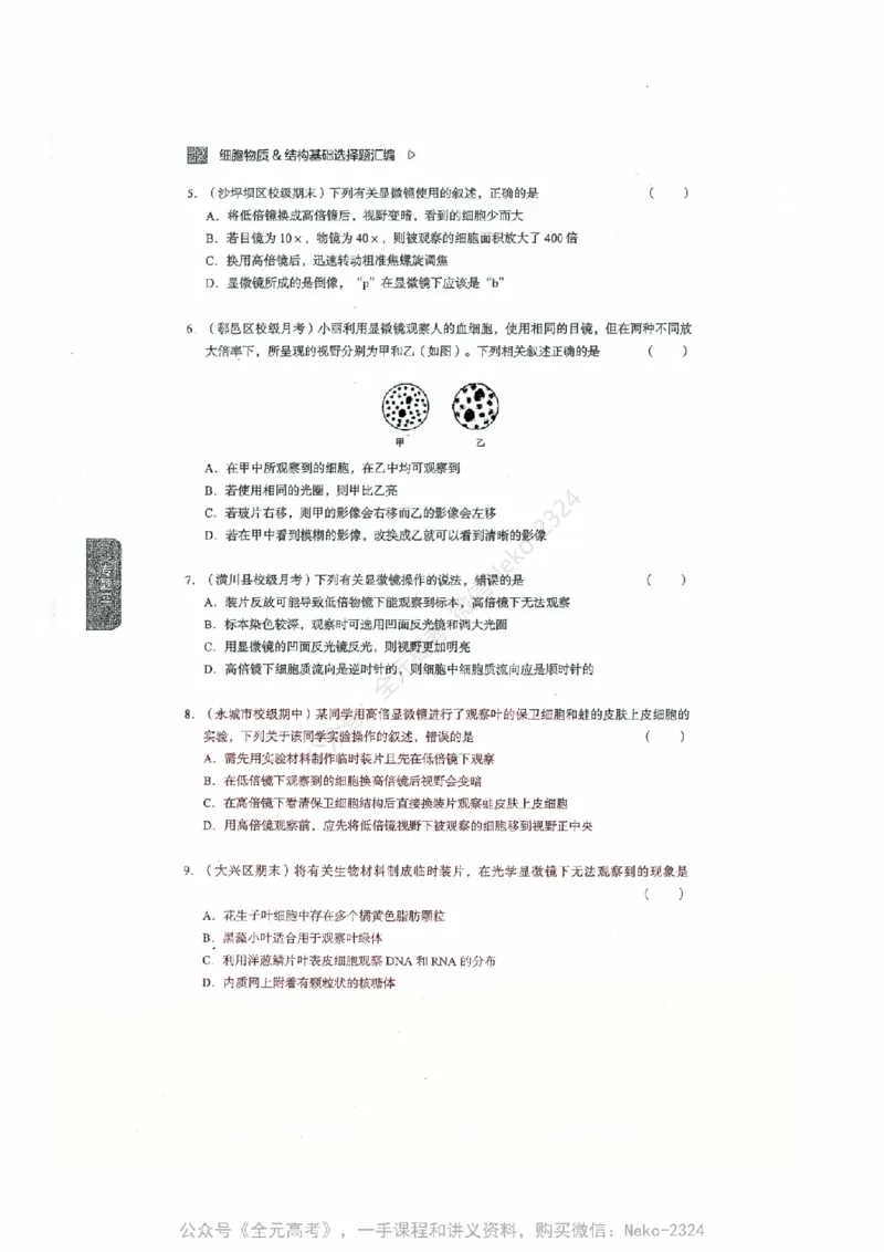 细胞物质&结构基础选择题汇编@_2024-2025高三（6-6月题库）_2024年09月试卷_万猛