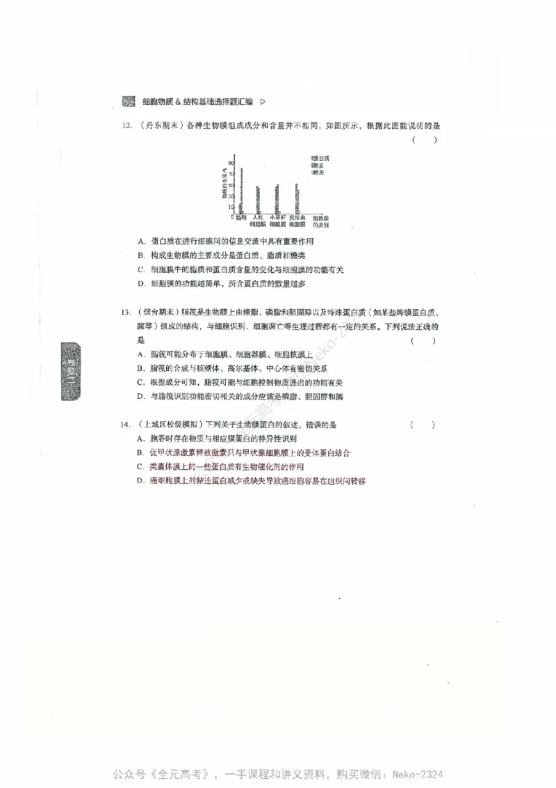 细胞物质&结构基础选择题汇编@_2024-2025高三（6-6月题库）_2024年09月试卷_万猛