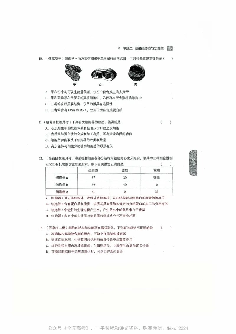 细胞物质&结构基础选择题汇编@_2024-2025高三（6-6月题库）_2024年09月试卷_万猛