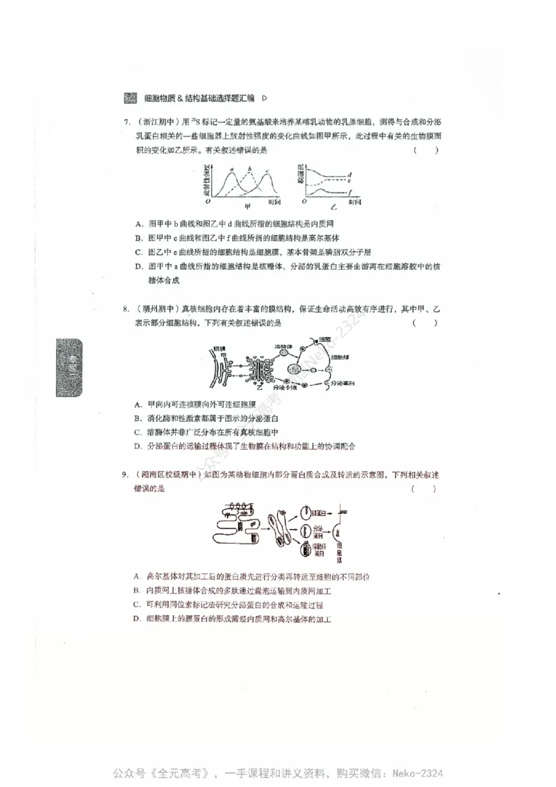 细胞物质&结构基础选择题汇编@_2024-2025高三（6-6月题库）_2024年09月试卷_万猛