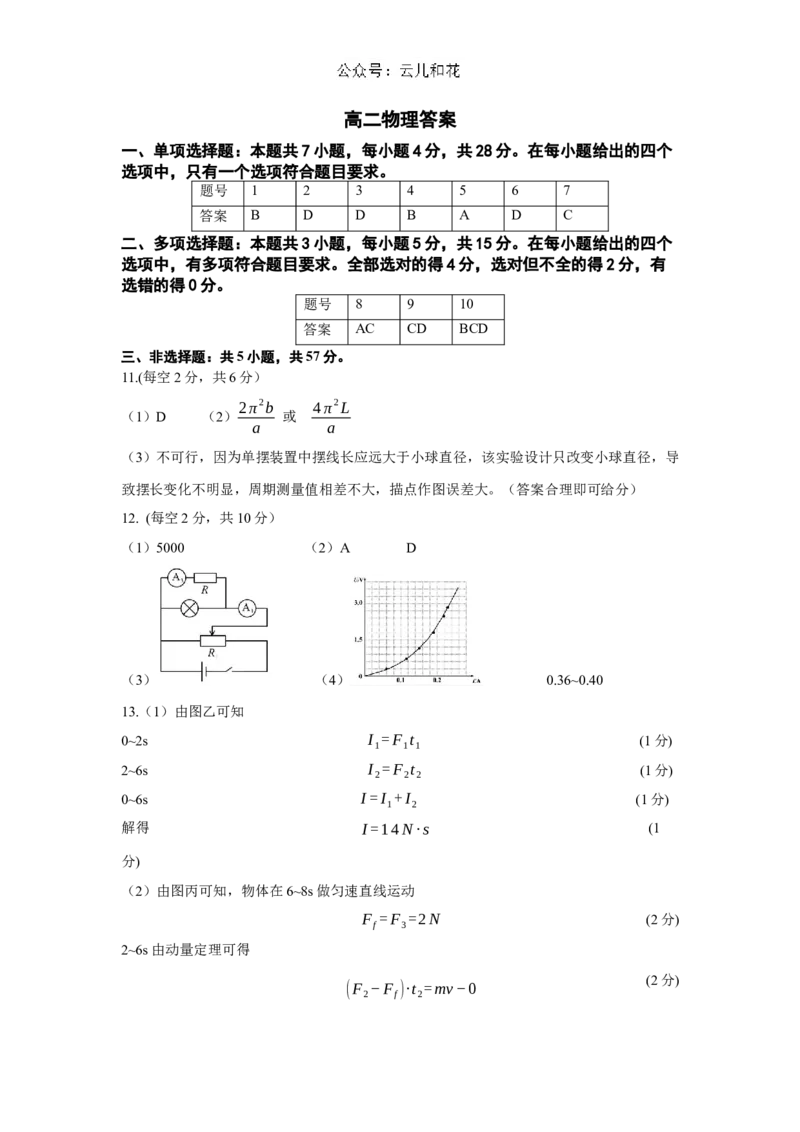 答案_2024-2025高二（7-7月题库）_2024年12月试卷_1209贵州省名校协作体2024-2025学年高二上学期联考（一）（12月）_贵州省名校协作体2024-2025学年高二上学期12月联考（一）物理试题