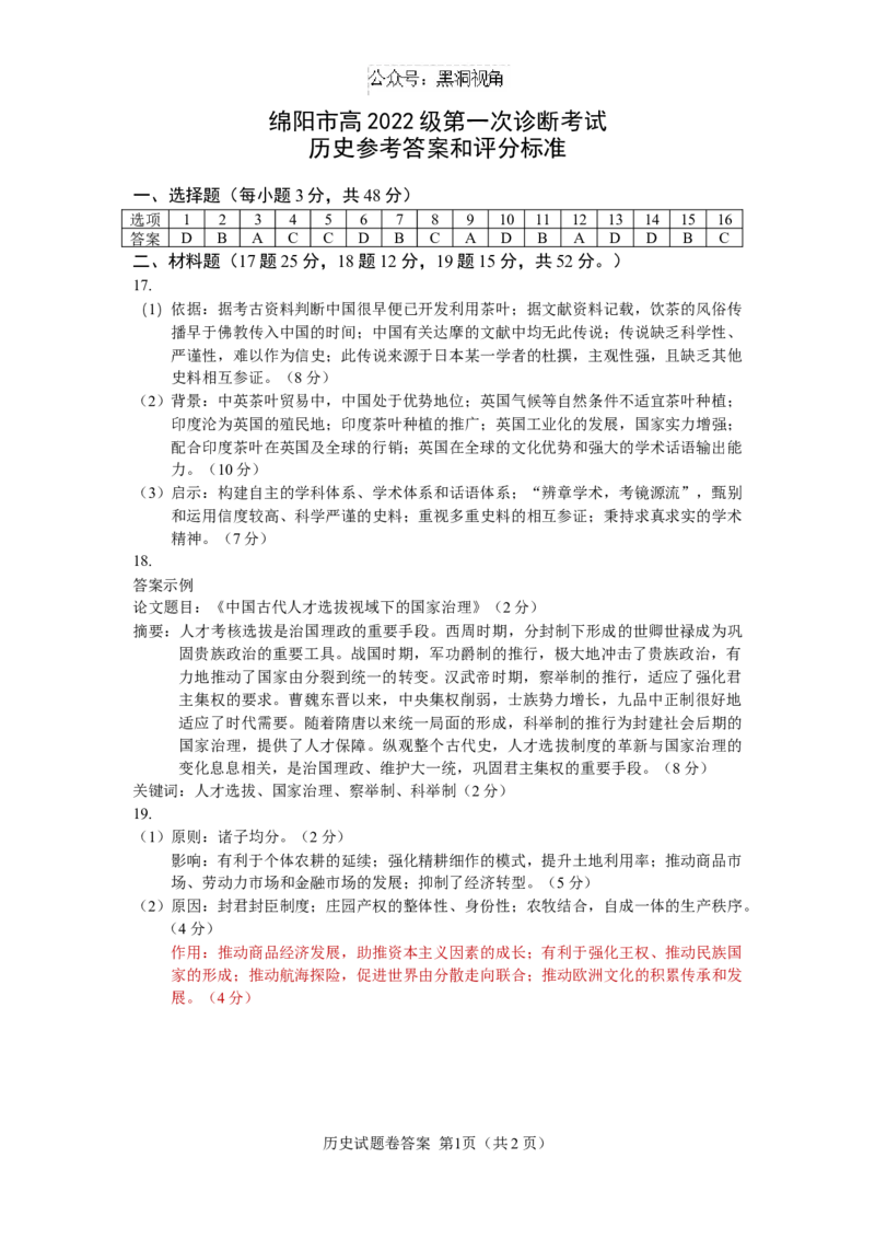 绵阳市高中2022级第一次诊断性考试历史答案_2024-2025高三（6-6月题库）_2024年11月试卷_1102四川省绵阳市高中2022级第一次诊断性考试_绵阳市高中2022级第一次诊断性考试历史