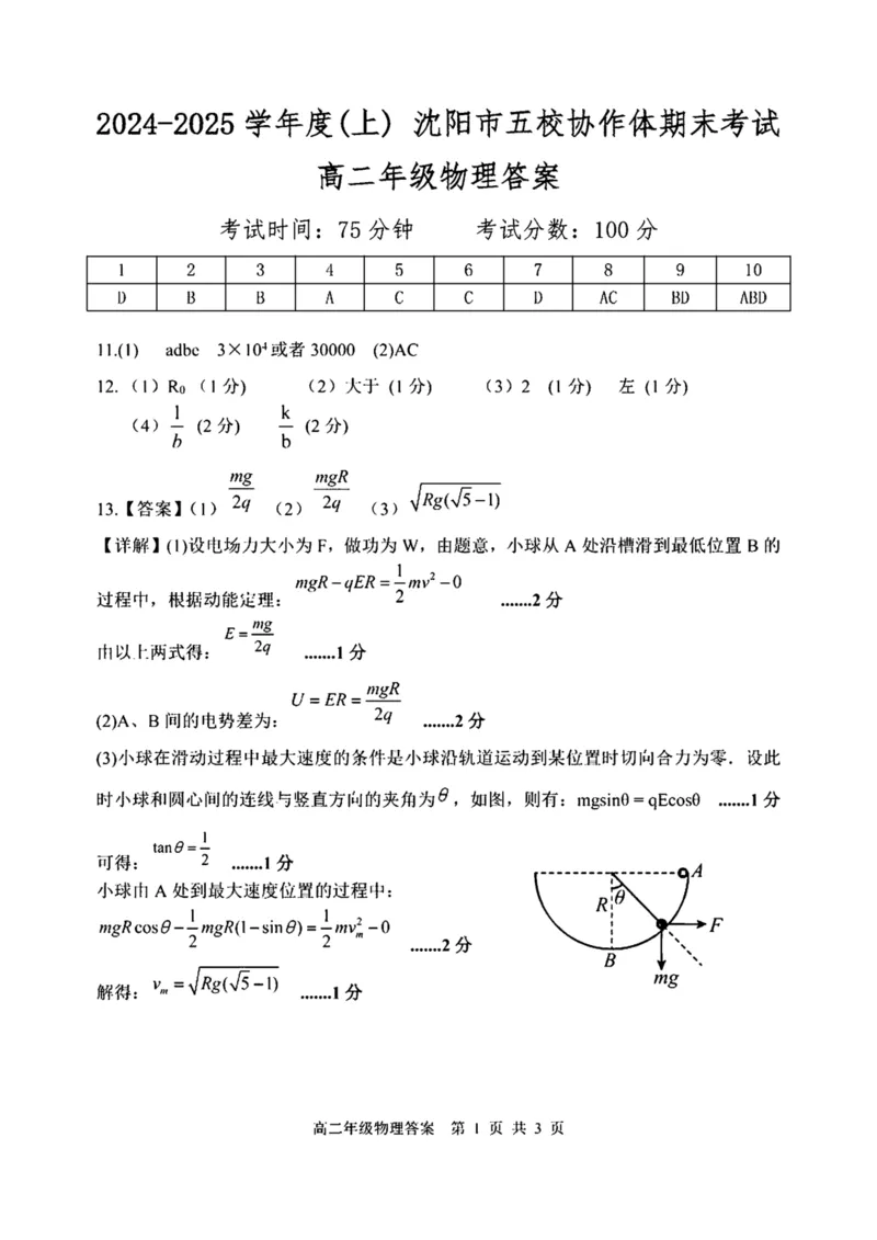 辽宁省沈阳市五校协作体2024-2025学年高二上学期期末联考物理试卷（图片版，含答案）(1)_2024-2025高二（7-7月题库）_2025年01月试卷