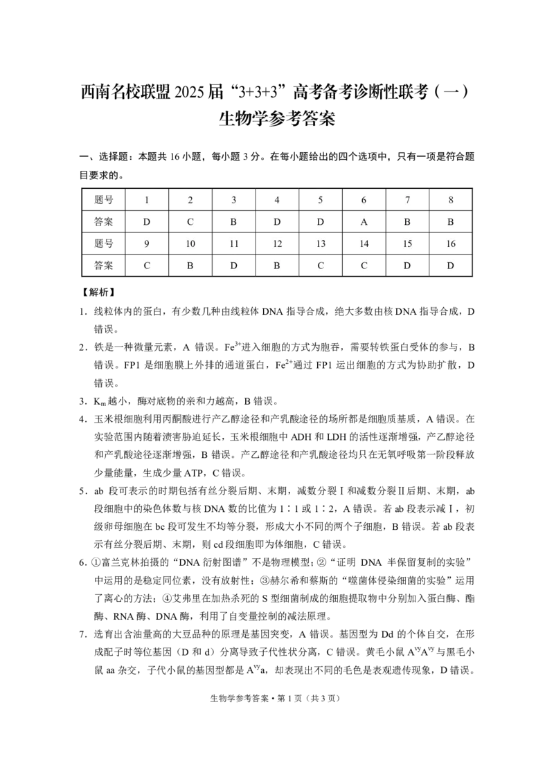 西南名校联盟2025届&ldquo;3+3+3&rdquo;高考备考诊断性联考（一）生物学-答案_2024-2025高三（6-6月题库）_2024年12月试卷_12202025届西南名校联盟高三3+3+3高考备考诊断性联考（一）