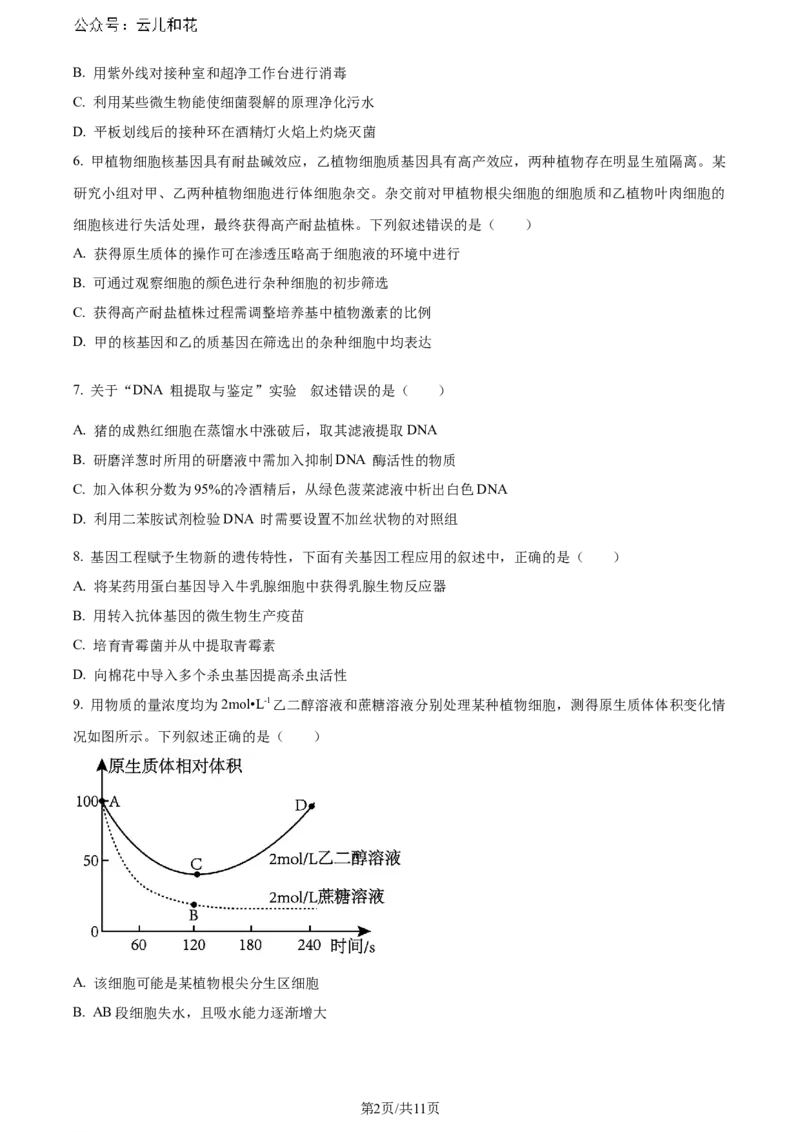 精品解析：辽宁省大连市2023-2024学年高二下学期期末考试生物学试题（原卷版）_2024-2025高二（7-7月题库）_2024年07月试卷_0724辽宁省大连市2023_2024学年高二下学期期末考试
