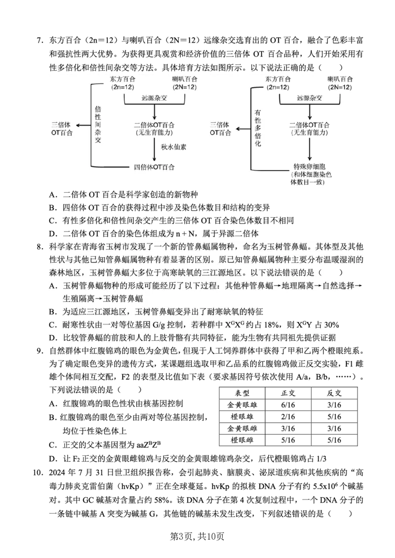 西南大学附中一诊模拟考试生物_2024-2025高三（6-6月题库）_2024年12月试卷_1226重庆西南大学附中2025届高三12月一诊模拟考试（全科）_西南大学附中高2025届高三上12月一诊模拟考试生物