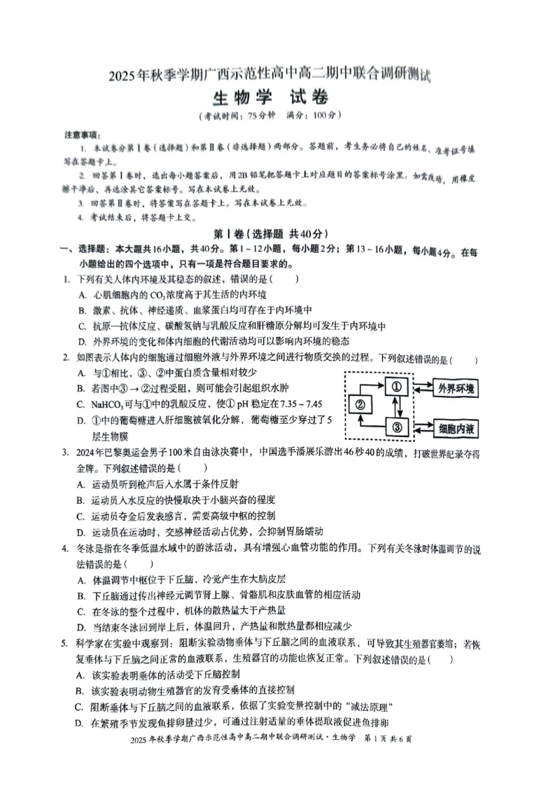 广西示范性高中2025-2026学年高二上学期期中联合调研测试生物_2025年11月高二试卷_251127广西示范性高中2025-2026学年高二上学期期中联合调研测试