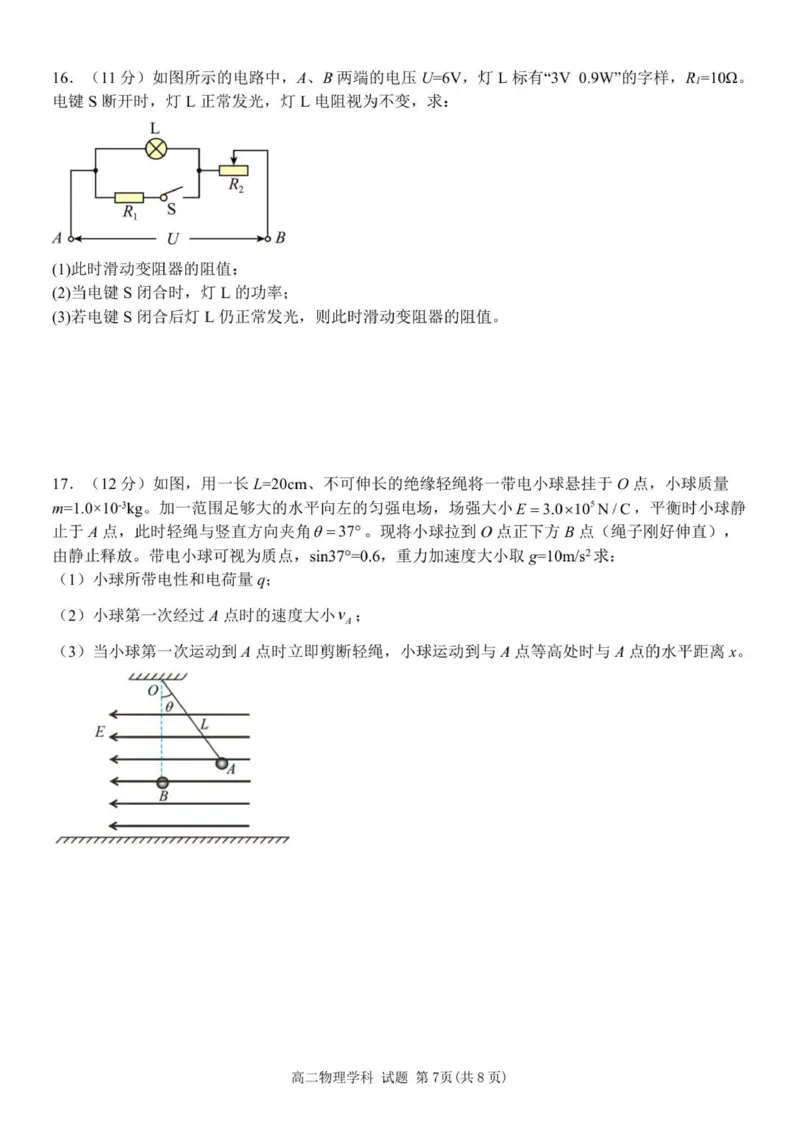高二物理试题_251210浙江省温州十校联合体2025-2026学年高二上学期11月期中（全）_浙江省温州十校联合体2025-2026学年高二上学期11月期中物理试题（PDF版，含答案）