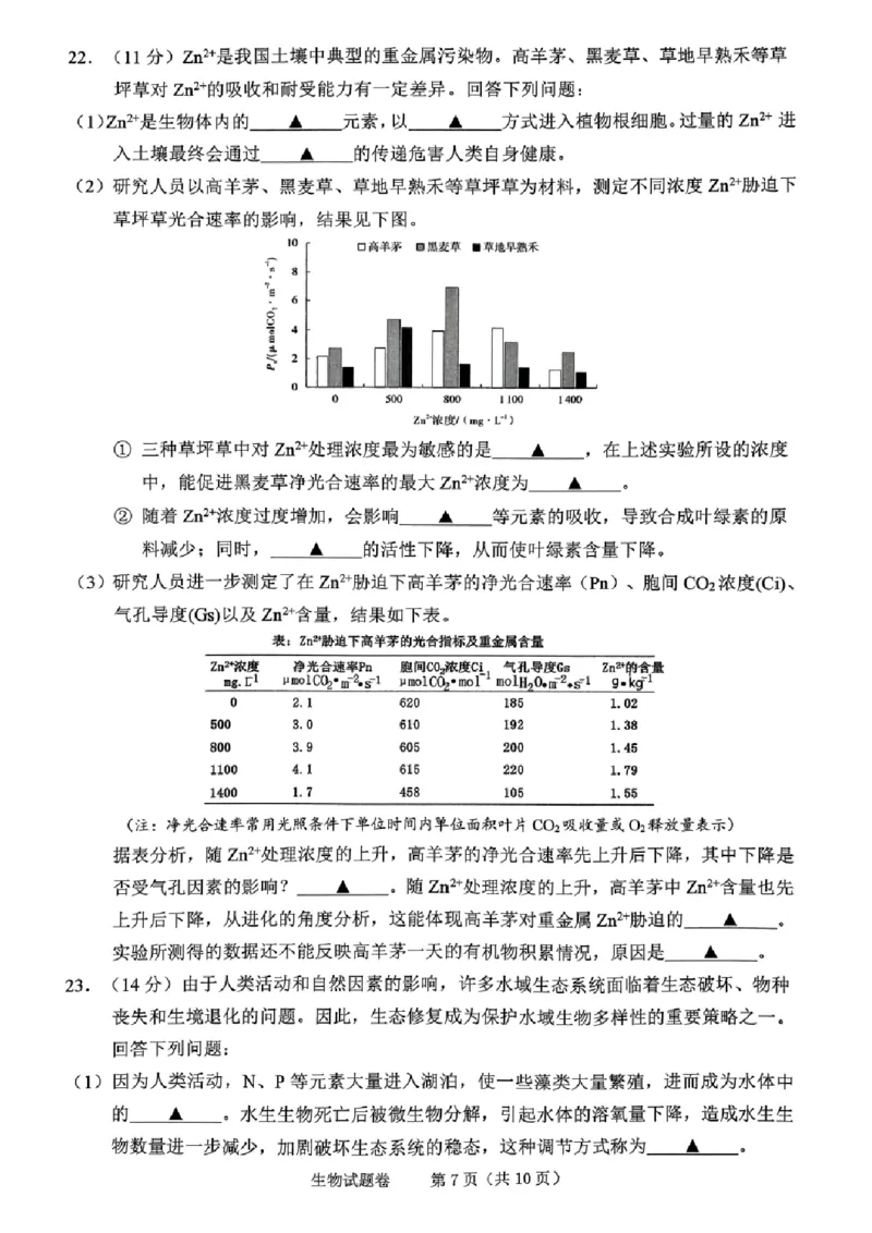 生物试卷_2024-2025高三（6-6月题库）_2024年11月试卷_1109浙江省绍兴市一模2024-2025学年11月诊断考试_绍兴市一模生物