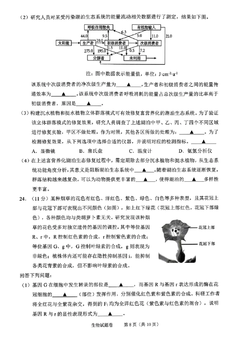 生物试卷_2024-2025高三（6-6月题库）_2024年11月试卷_1109浙江省绍兴市一模2024-2025学年11月诊断考试_绍兴市一模生物