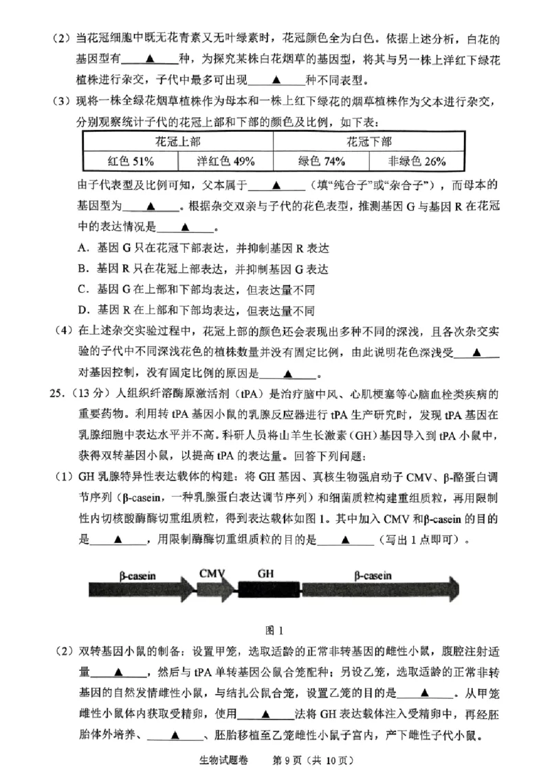 生物试卷_2024-2025高三（6-6月题库）_2024年11月试卷_1109浙江省绍兴市一模2024-2025学年11月诊断考试_绍兴市一模生物