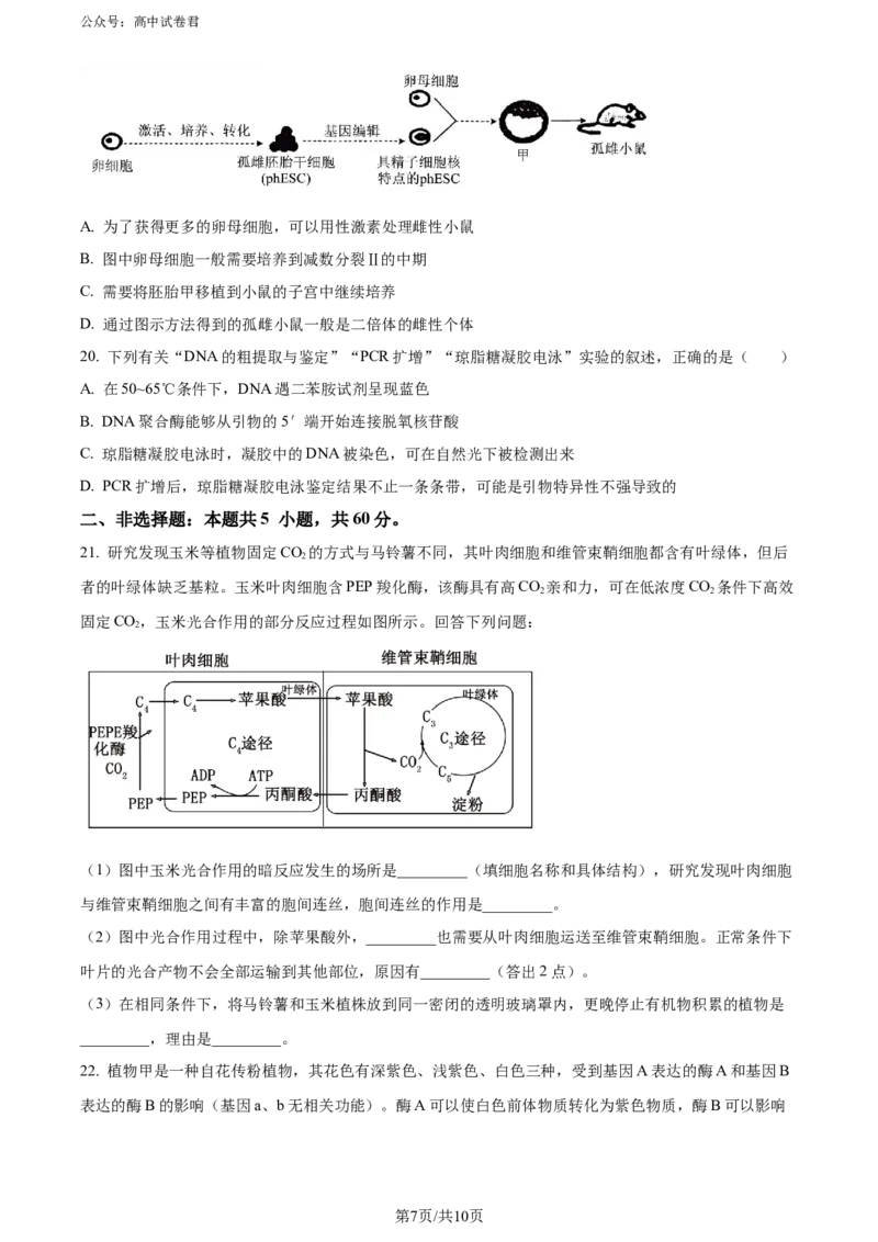 精品解析：陕西省汉中市2023-2024学年高二下学期期末考试生物试题（原卷版）_2024-2025高三（6-6月题库）_2024年07月试卷_240711陕西省汉中市2023-2024学年高二下学期7月期末考试