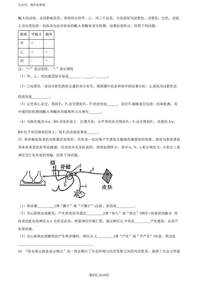 精品解析：陕西省汉中市2023-2024学年高二下学期期末考试生物试题（原卷版）_2024-2025高三（6-6月题库）_2024年07月试卷_240711陕西省汉中市2023-2024学年高二下学期7月期末考试