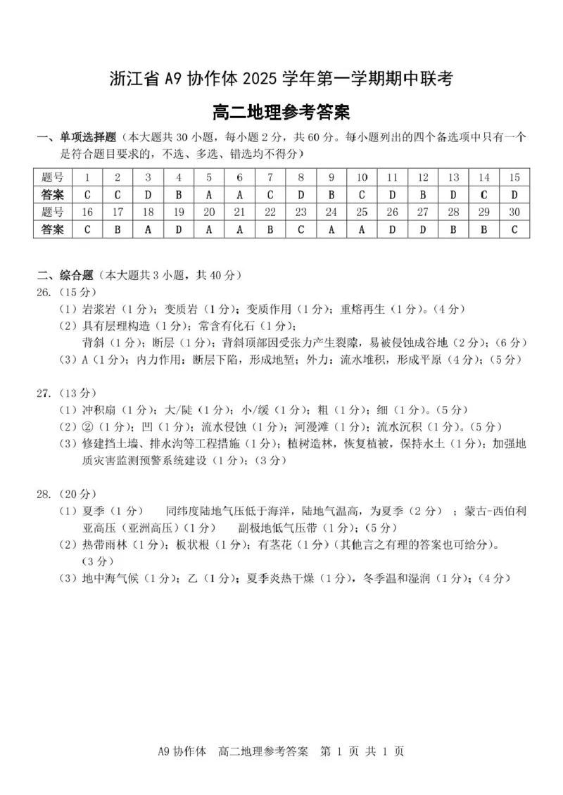 浙江省A9协作体2025-2026学年高二上学期期中联考地理试卷（图片版，含答案）_2025年11月高二试卷_251116浙江省A9协作体2025-2026学年高二上学期期中联考（全）