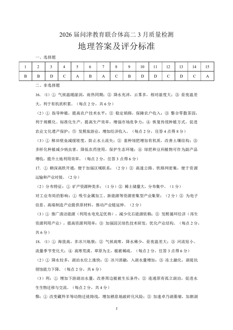 问津联盟2025年高二3月联考高二3月检测地理答案及评分标准3.19_2024-2025高二（7-7月题库）_2025年03月试卷_0324湖北省问津教育联合体2024-2025学年高二下学期3月联考
