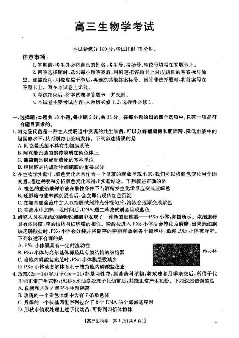 生物_2024-2025高三（6-6月题库）_2024年12月试卷_1209湖北省2024-2025学年高三金太阳12月联考（187C）（全科）_湖北省2024-2025学年高三上学期12月联考生物
