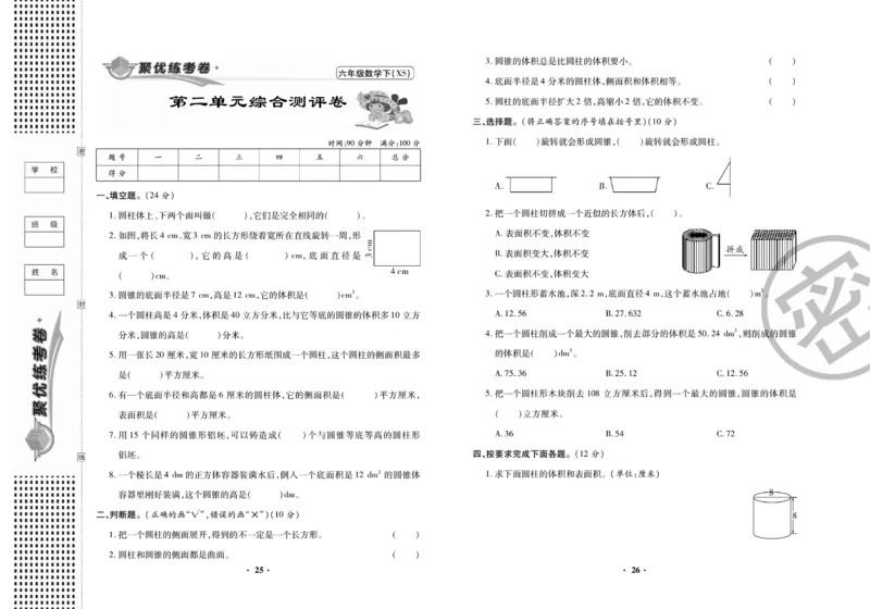 《聚优练考卷》数学六年级下册XS_小学1-6年级全部试卷_数学_六年级_3-11-4、小学六年级数学下册_3-11-4-2、练习题、作业、试题、试卷_西师版