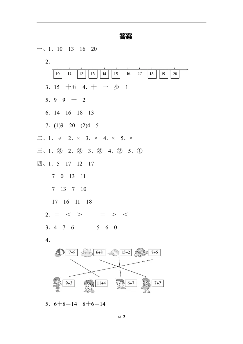 模块过关(1)计算、11~20各数的认识能力冲刺测试卷_小学1-6年级全部试卷_数学_一年级_3-6-3、小学一年级数学上册_3-6-3-2、练习题、作业、试题、试卷_人教版_专项练习