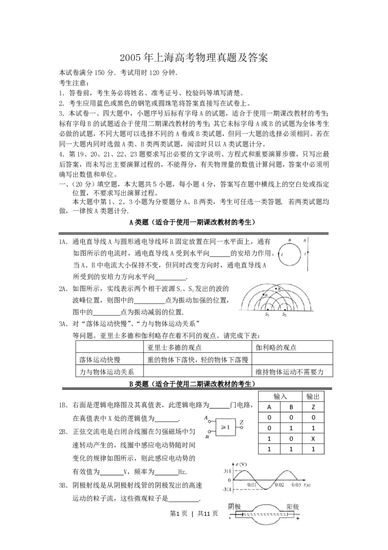 2005年上海高考物理真题及答案_zz20高中真题试卷_物理高考真题试卷_旧1990-2007&middot;高考物理真题_1990-2007&middot;高考物理真题&middot;PDF_上海