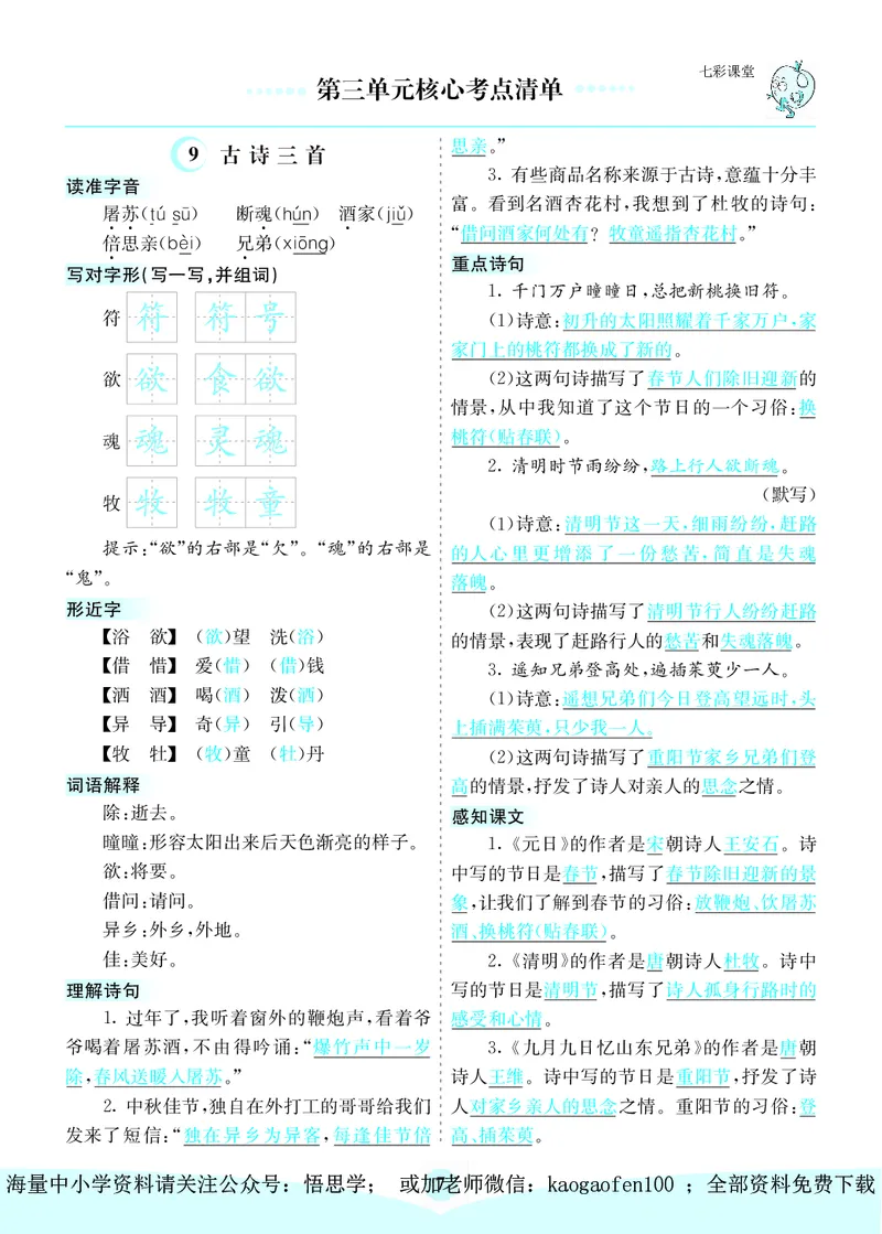 小学三年级下册-部编版语文：第三单元核心考点清单_小学1-6年级全部试卷_语文_三年级_3-8-1、小学三年级语文上册_3-8-1-1、复习、知识点、归纳汇总_部编（人教）版