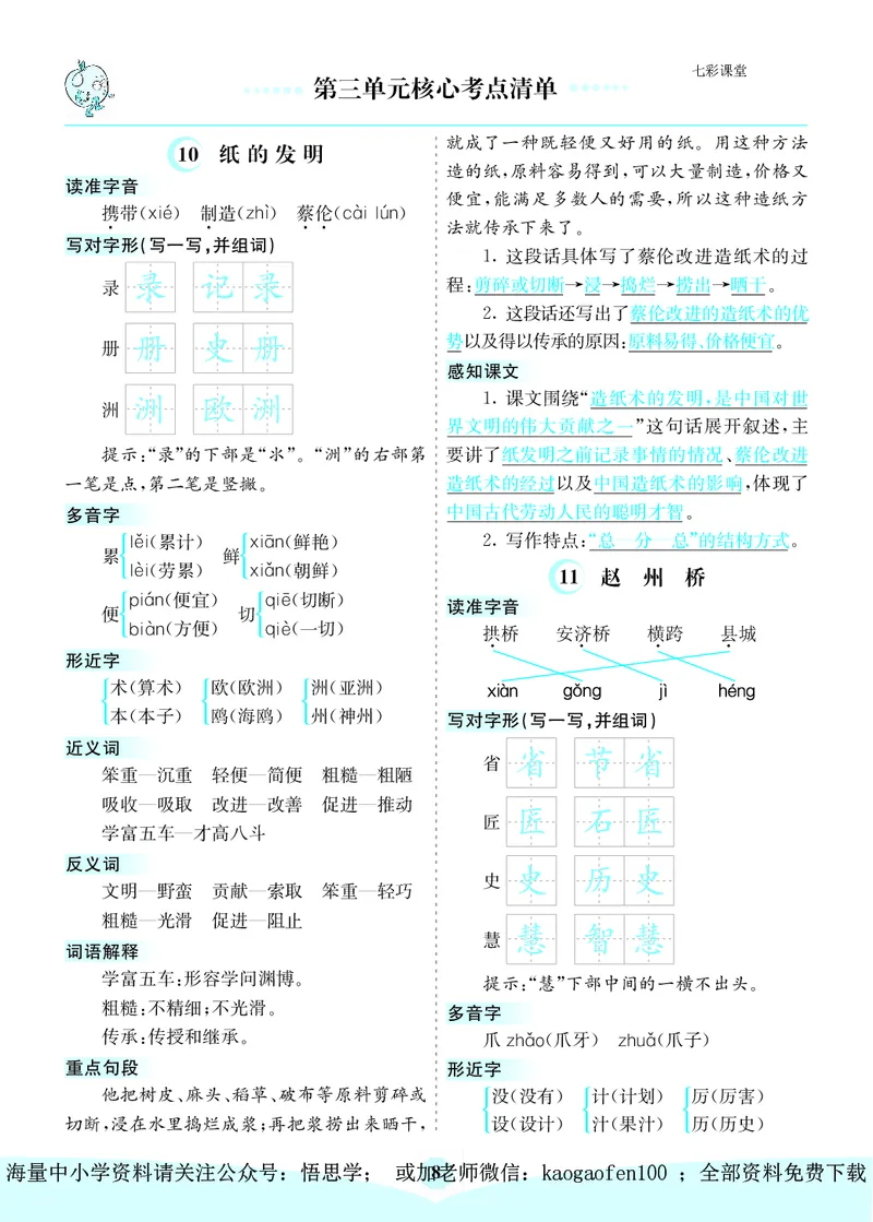 小学三年级下册-部编版语文：第三单元核心考点清单_小学1-6年级全部试卷_语文_三年级_3-8-1、小学三年级语文上册_3-8-1-1、复习、知识点、归纳汇总_部编（人教）版