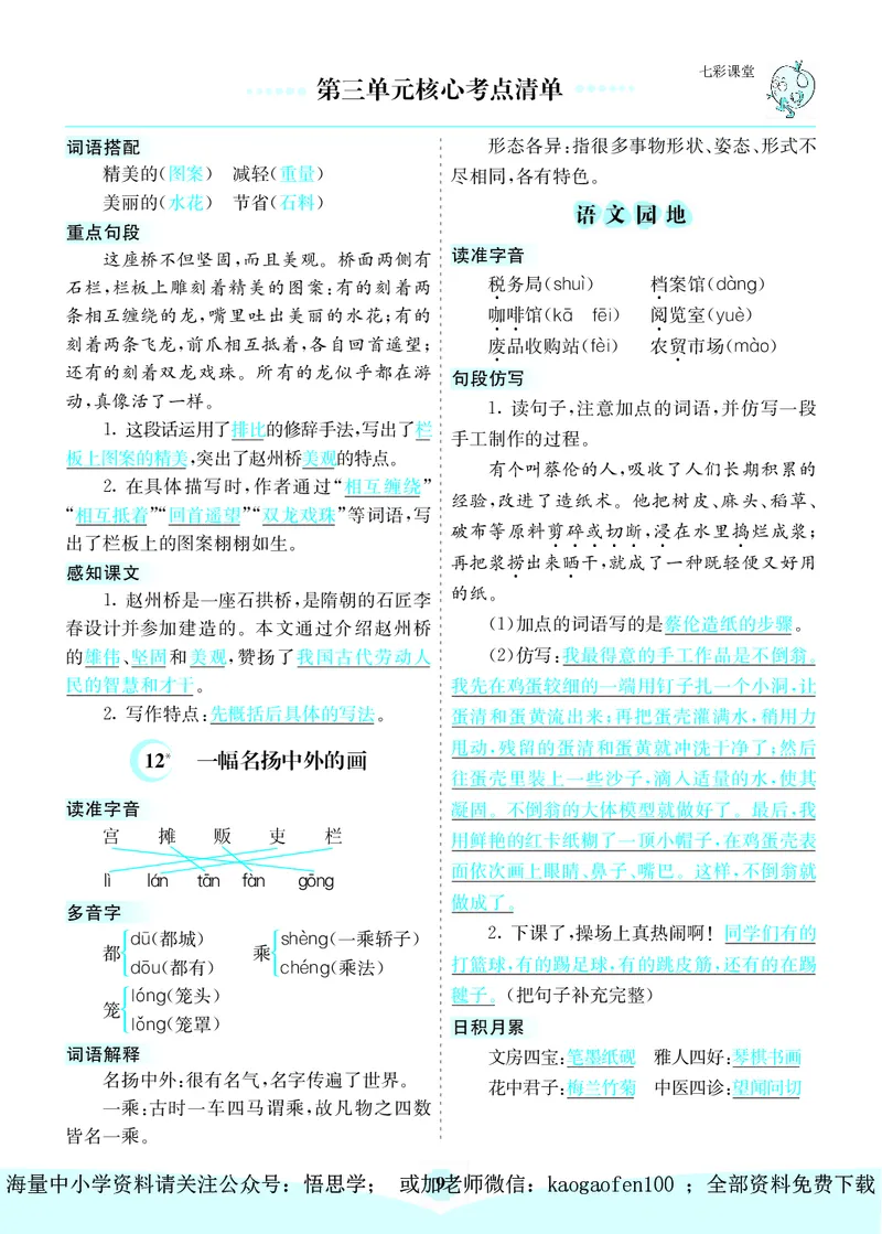 小学三年级下册-部编版语文：第三单元核心考点清单_小学1-6年级全部试卷_语文_三年级_3-8-1、小学三年级语文上册_3-8-1-1、复习、知识点、归纳汇总_部编（人教）版